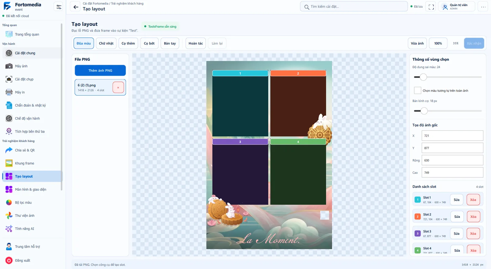 Màn Tạo layout: một khung PNG với bốn ô ảnh đánh số và danh sách slot